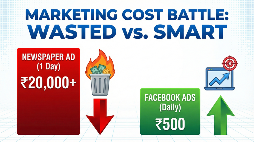 Comparison graph showing Newspaper Ads cost ₹20,000 vs Facebook Ads cost ₹500 for marketing in Lucknow.